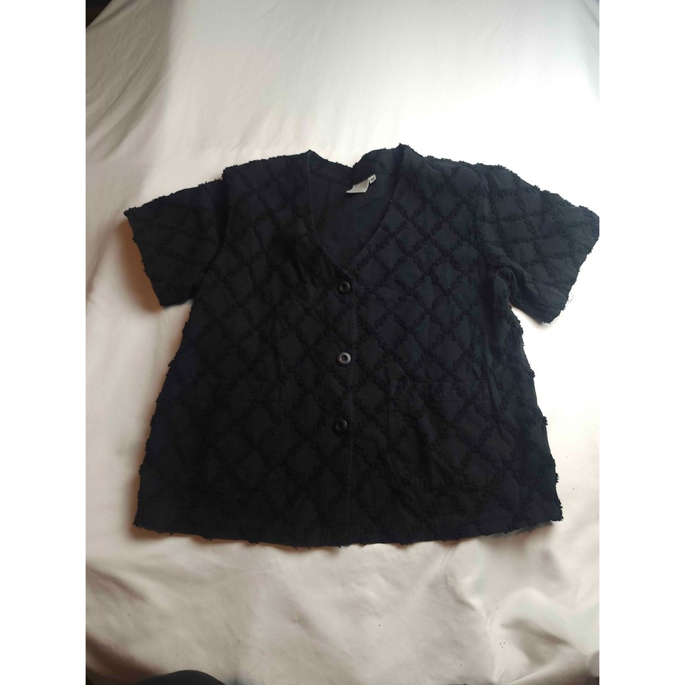 Focus Shirt Womens Medium Black Textured Button Up Short Sleeve V-Neck Casual